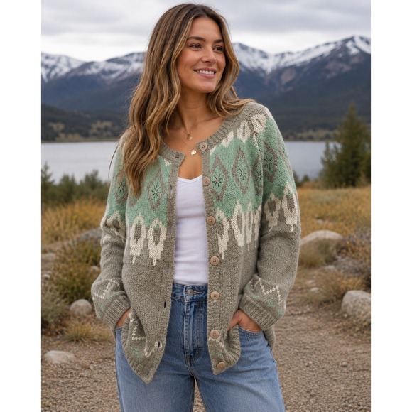 Sundance Sweaters - Sundance Galway Bay Cardigan Womens Small Green Mohair Beaded Fair Isle Exc